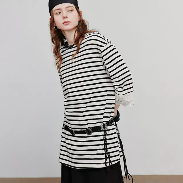Women’s Loose Fit Striped Cotton T-Shirt with Lace Detailing