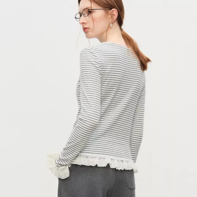 Women’s Striped Knit T-Shirt with Lace Trim Long Sleeve Soft Stretch Layer Top