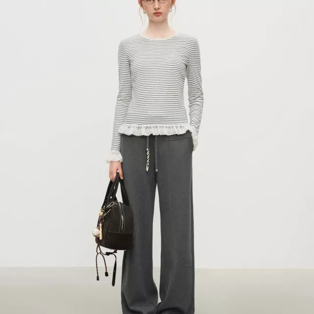 Women’s Striped Knit T-Shirt with Lace Trim Long Sleeve Soft Stretch Layer Top