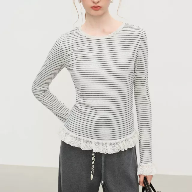 Women’s Striped Knit T-Shirt with Lace Trim Long Sleeve Soft Stretch Layer Top