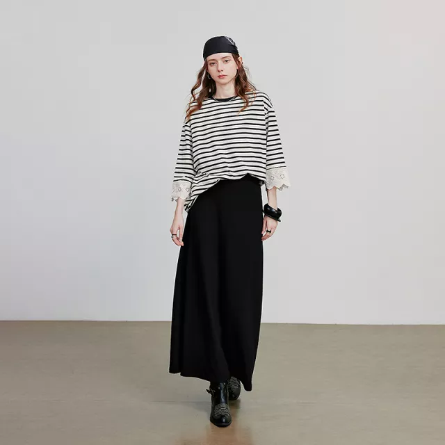 Women’s Loose Fit Striped Cotton T-Shirt with Lace Detailing