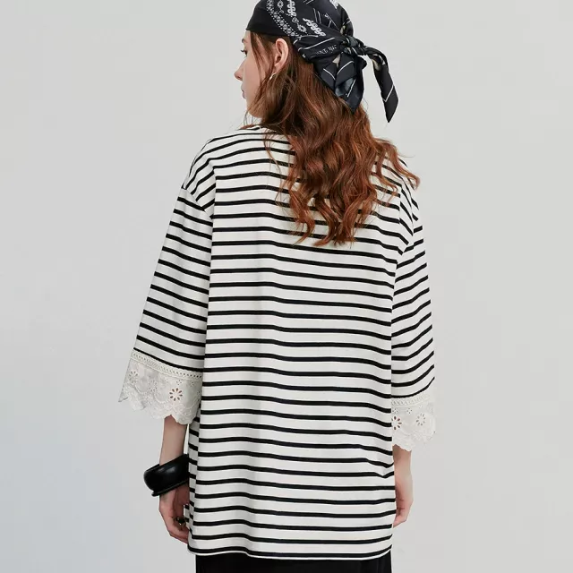 Women’s Loose Fit Striped Cotton T-Shirt with Lace Detailing