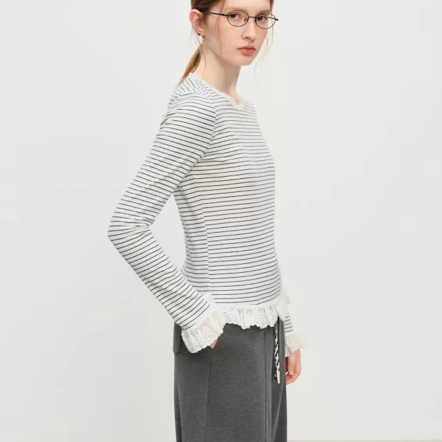Women’s Striped Knit T-Shirt with Lace Trim Long Sleeve Soft Stretch Layer Top