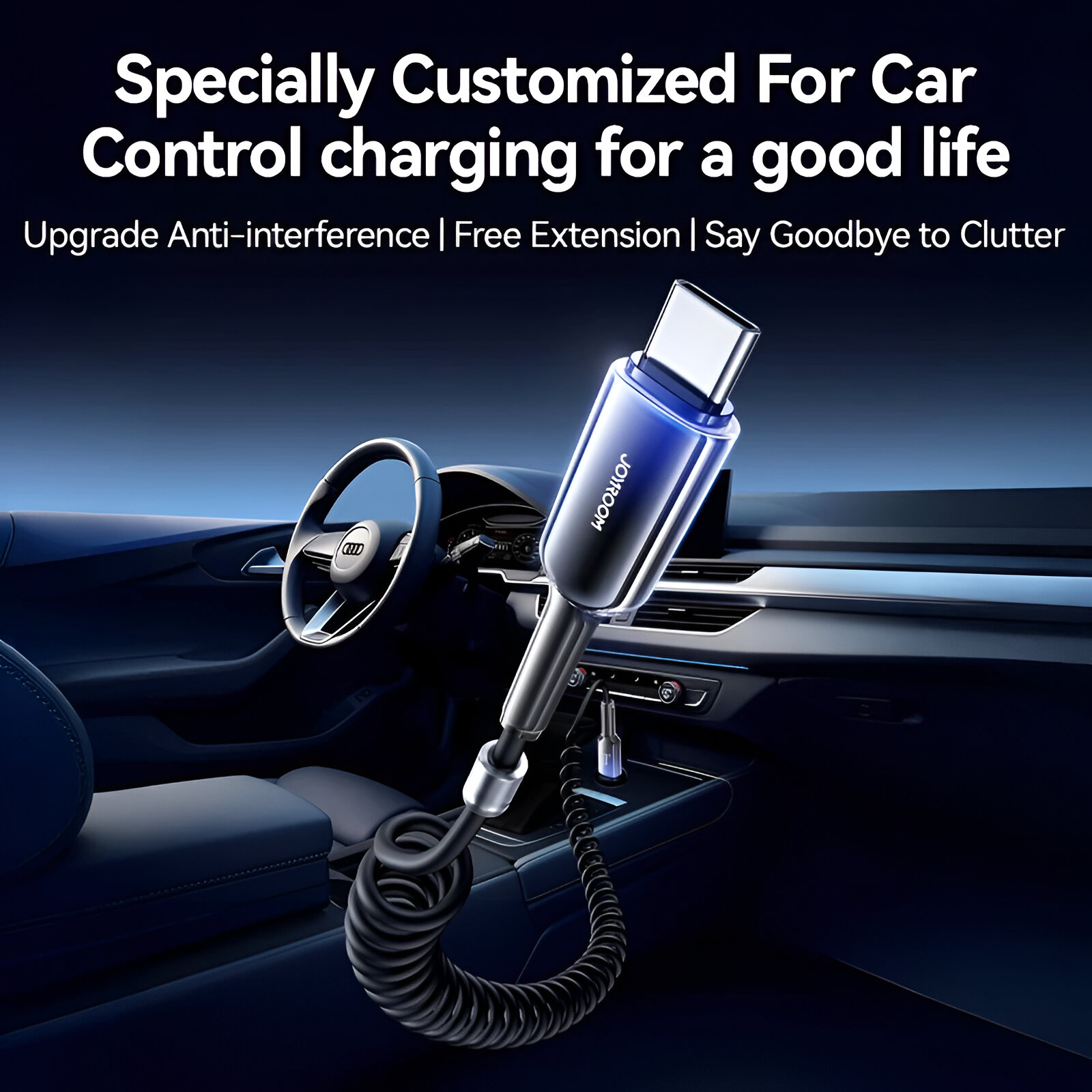 60W Retractable USB-C Car Charging Cable with Fast Data & CarPlay Support