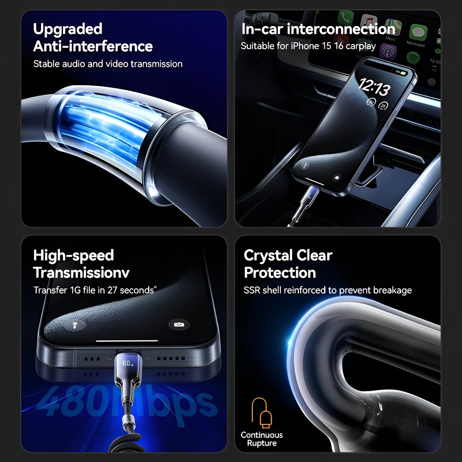 60W Retractable USB-C Car Charging Cable with Fast Data & CarPlay Support