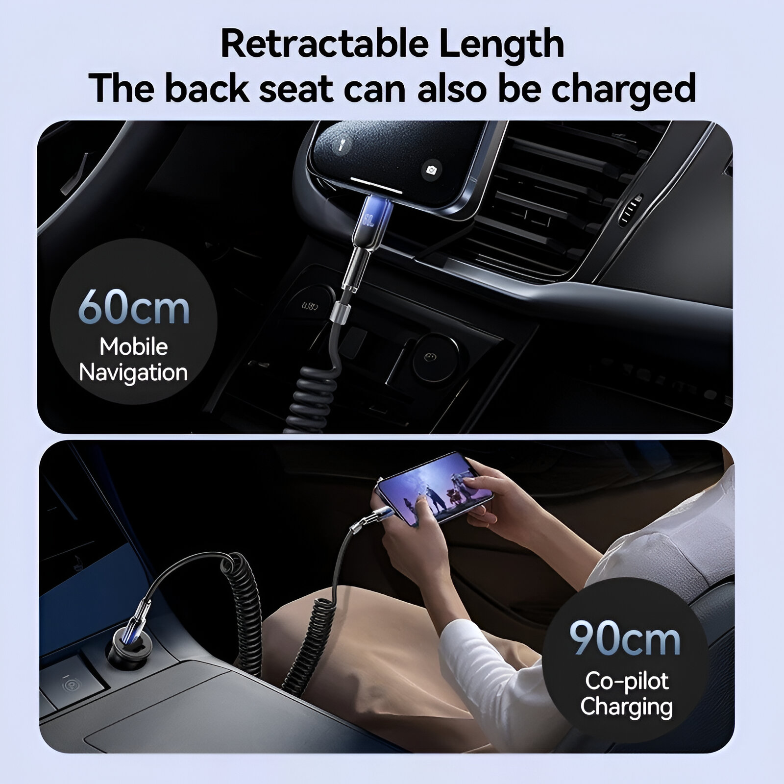 60W Retractable USB-C Car Charging Cable with Fast Data & CarPlay Support