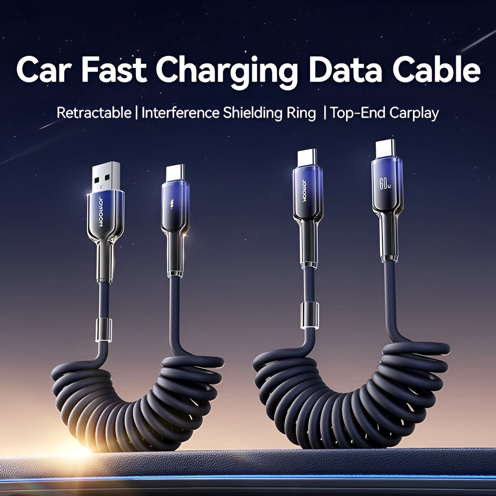 60W Retractable USB-C Car Charging Cable with Fast Data & CarPlay Support