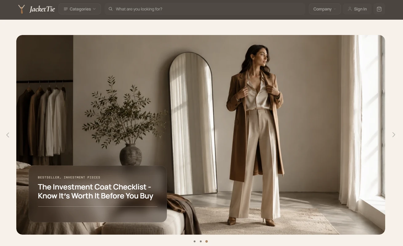 Homepage of the JacketTie fashion store design