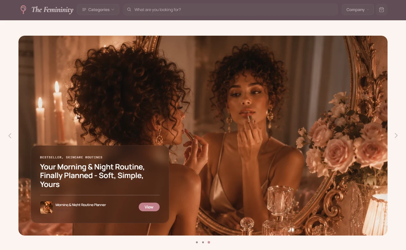 Homepage of the The Femininity beauty-and-self-care store design
