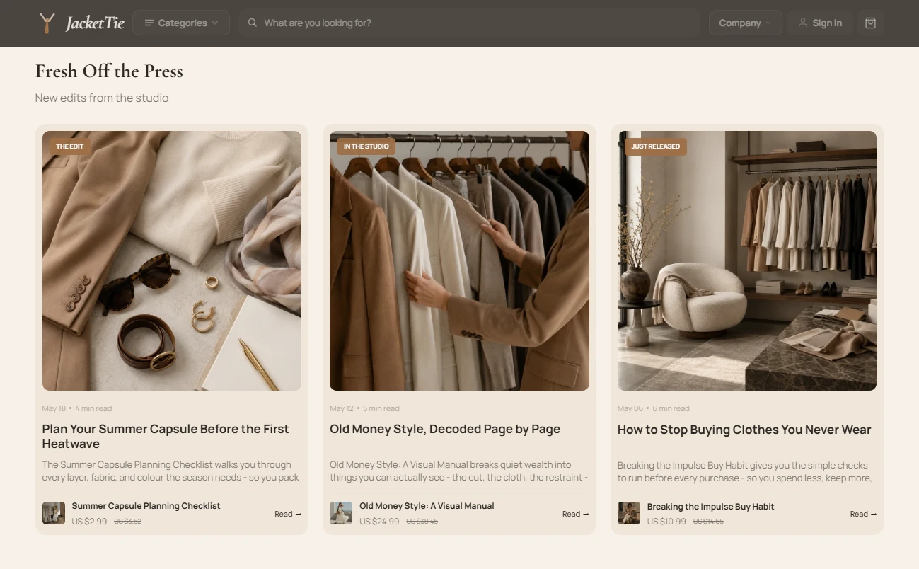 Fresh edits section of the JacketTie fashion store design