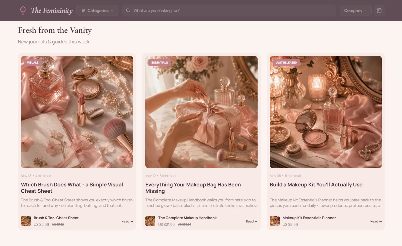 Fresh journals section of the The Femininity beauty-and-self-care store design