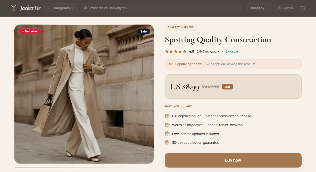 Product page of the JacketTie fashion store design