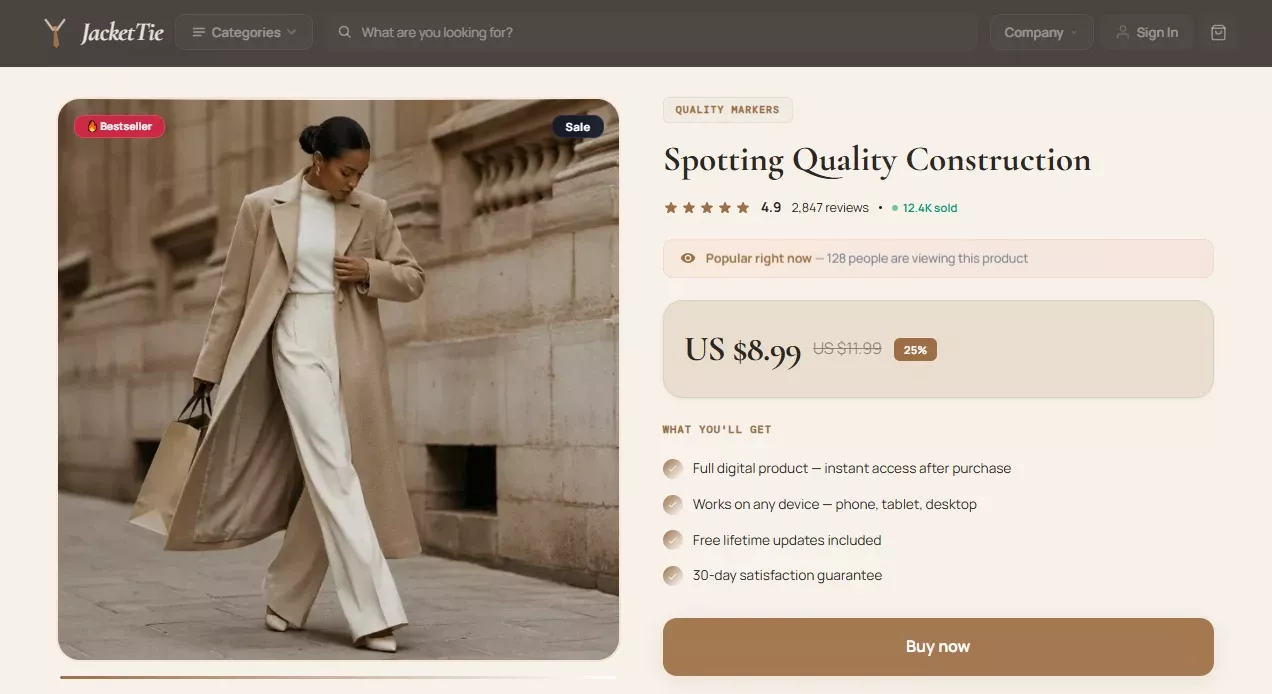 Product page of the JacketTie fashion store design