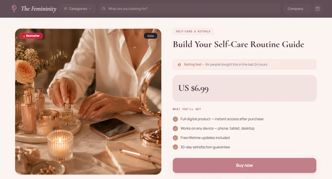 Product page of the The Femininity beauty-and-self-care store design