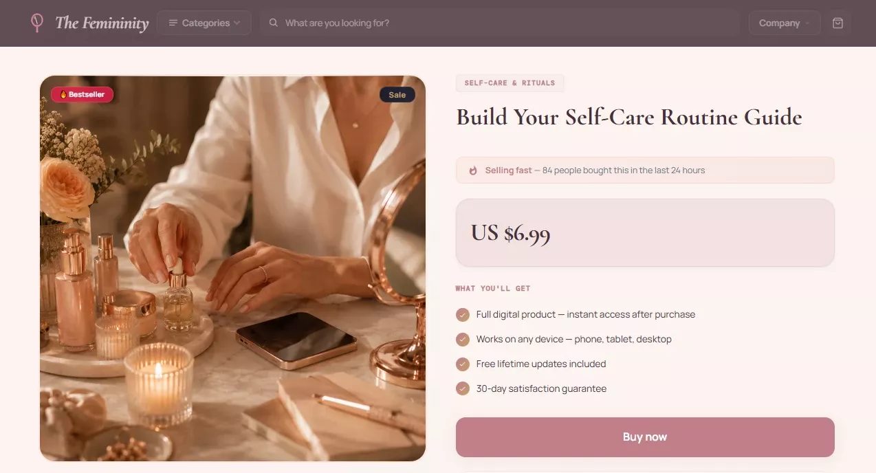 Product page of the The Femininity beauty-and-self-care store design