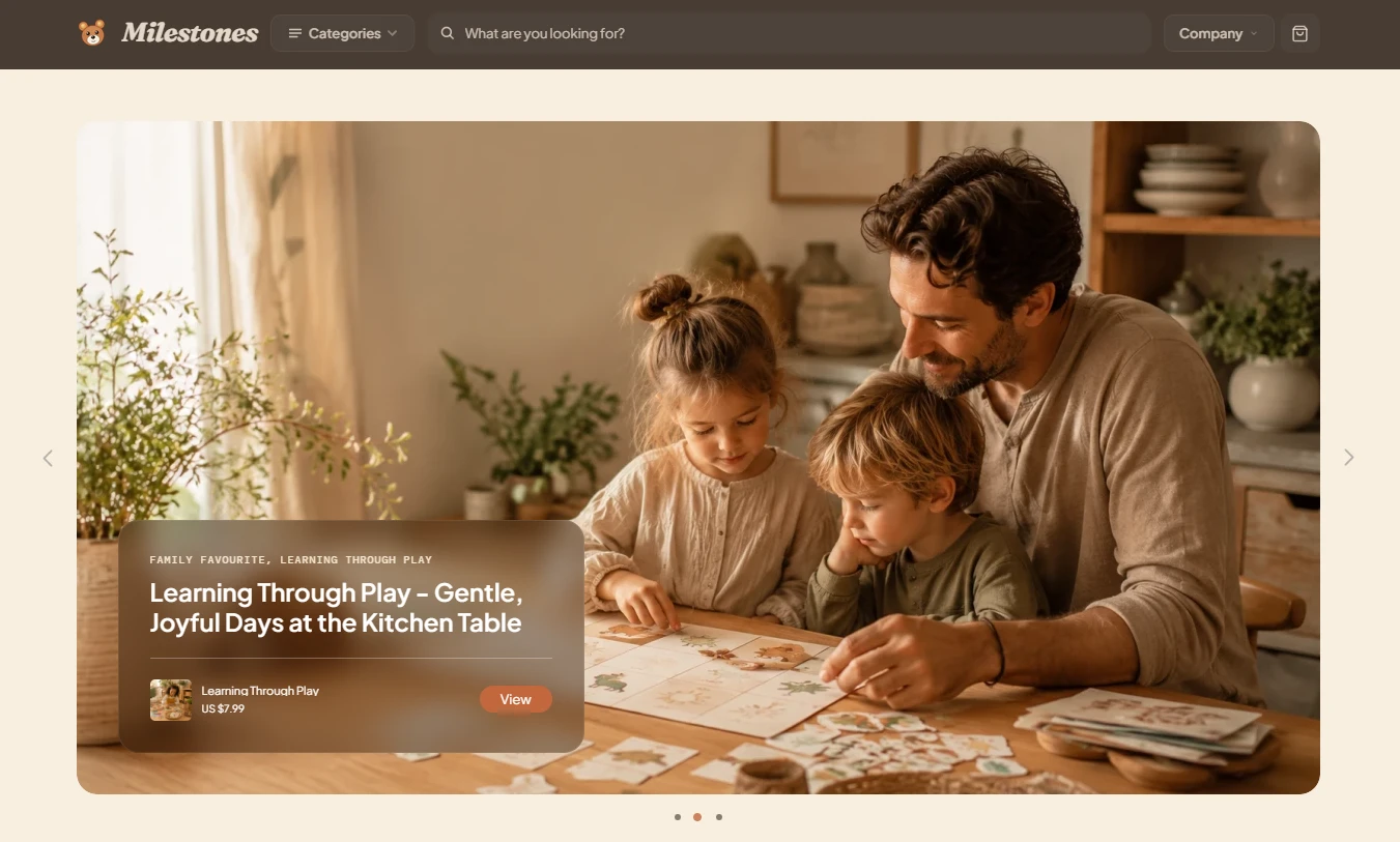 Homepage of the Milestones parenting store design