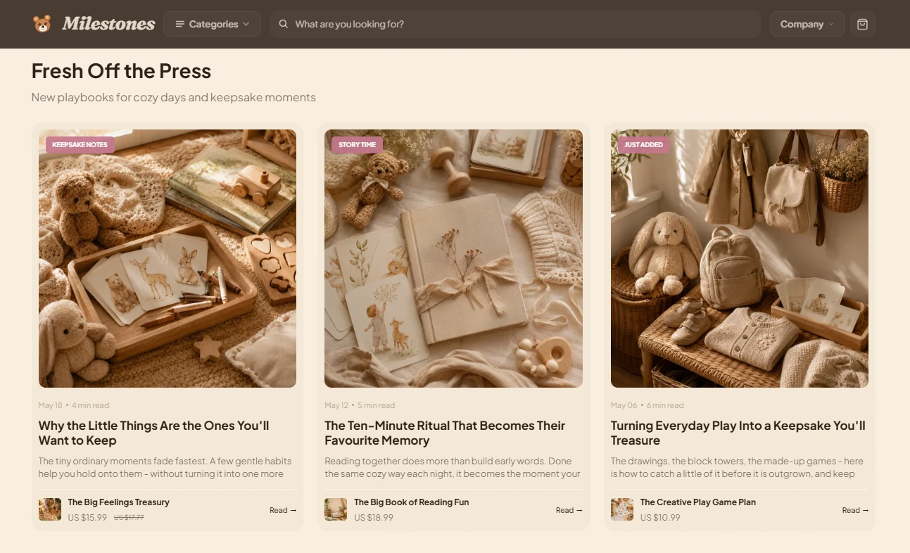Fresh playbooks section of the Milestones parenting store design