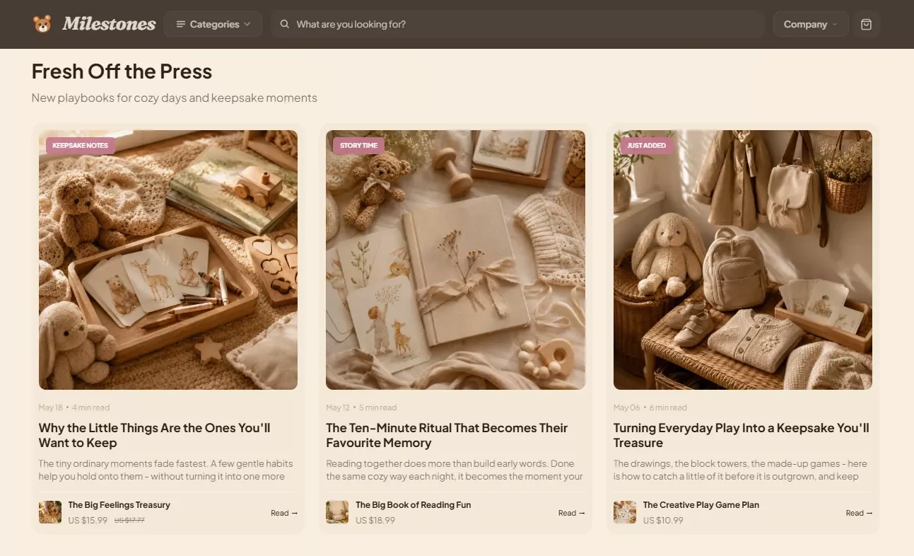Fresh playbooks section of the Milestones parenting store design