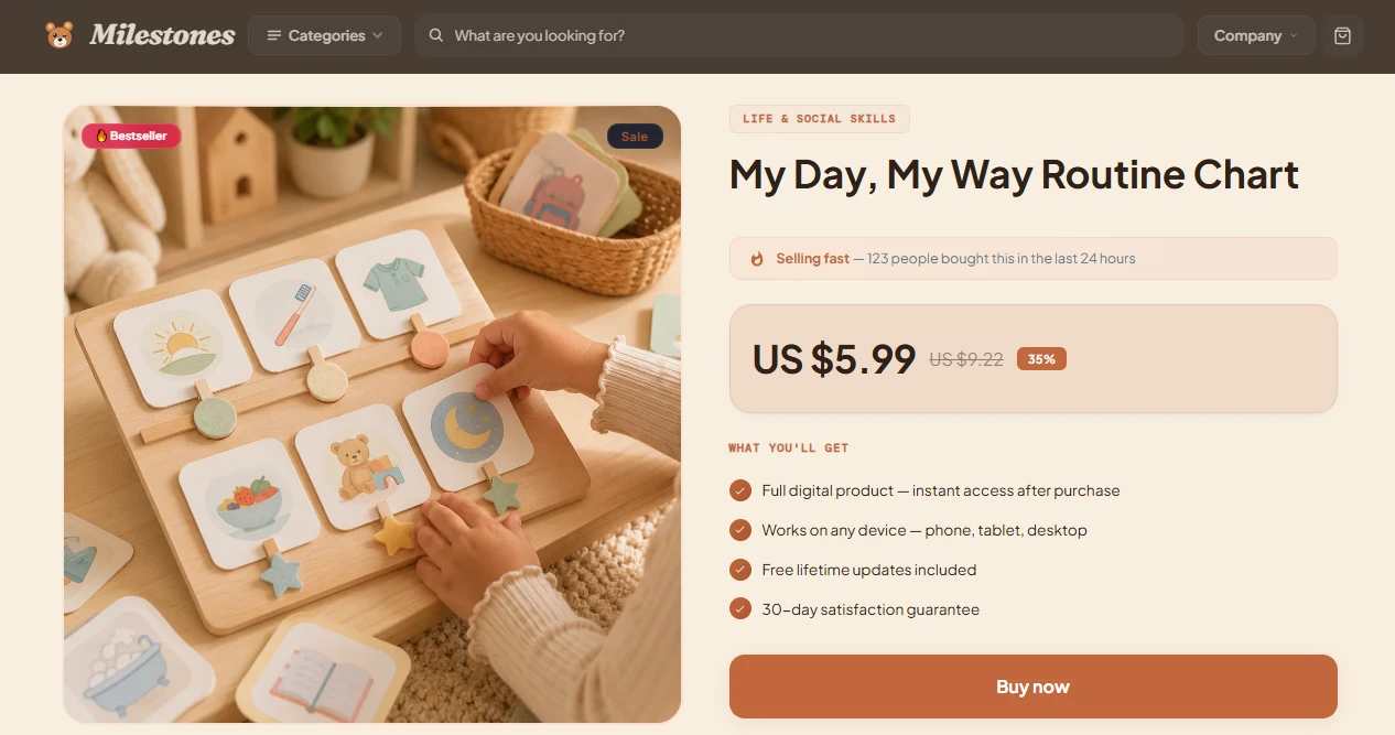 Product page of the Milestones parenting store design