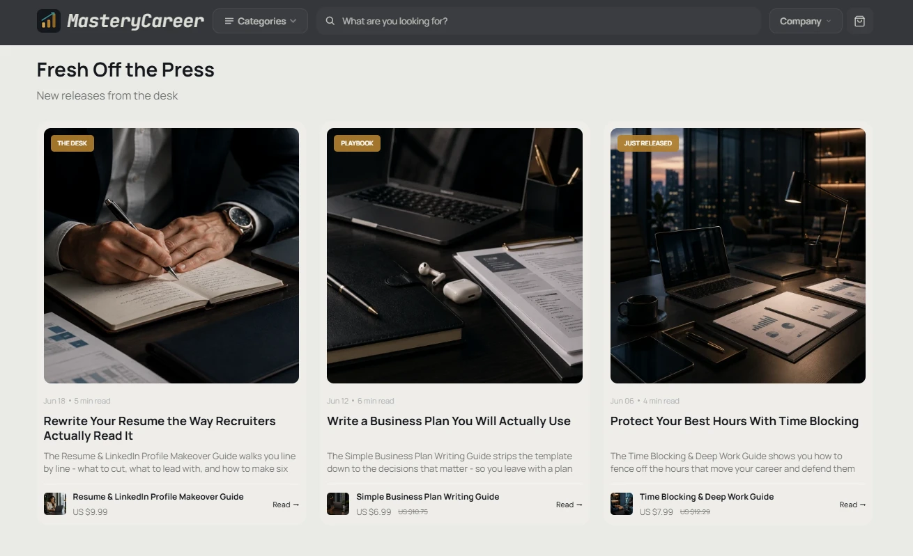 Testimonials section of the MasteryCareer career-and-business store design
