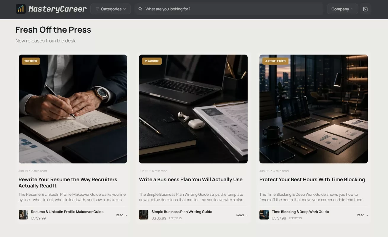 Testimonials section of the MasteryCareer career-and-business store design