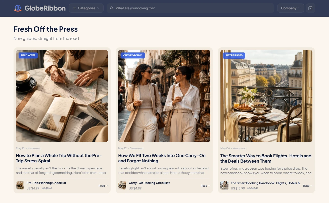 Fresh guides section of the GlobeRibbon travel store design