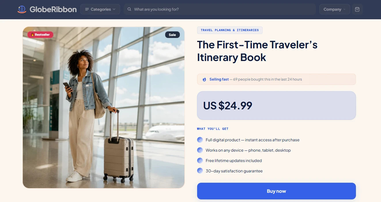 Product page of the travel store design