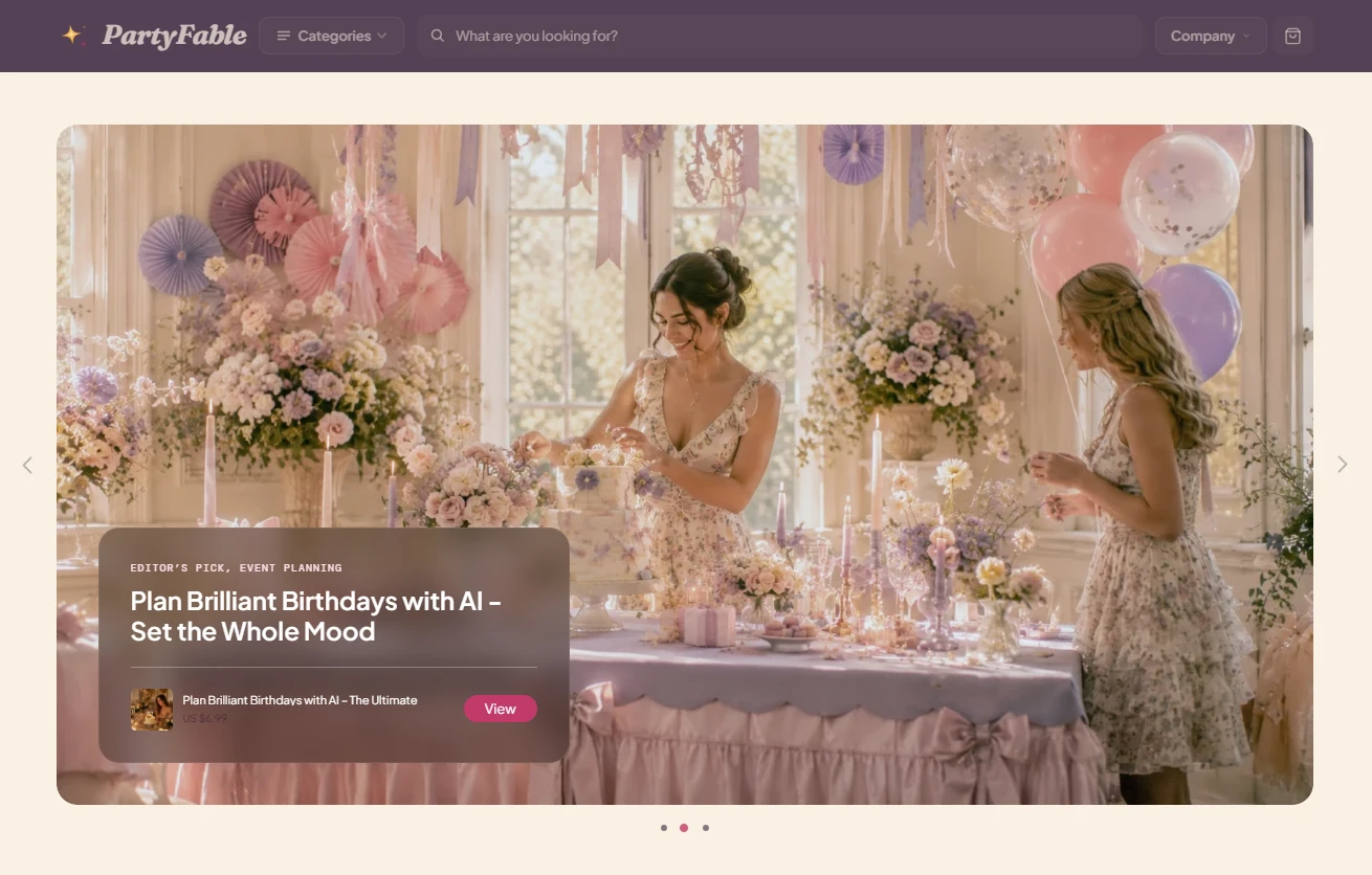 Homepage of the PartyFable celebrations store design
