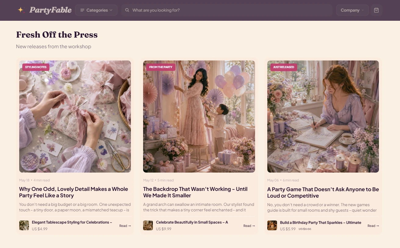 Fresh content section of the PartyFable celebrations store design