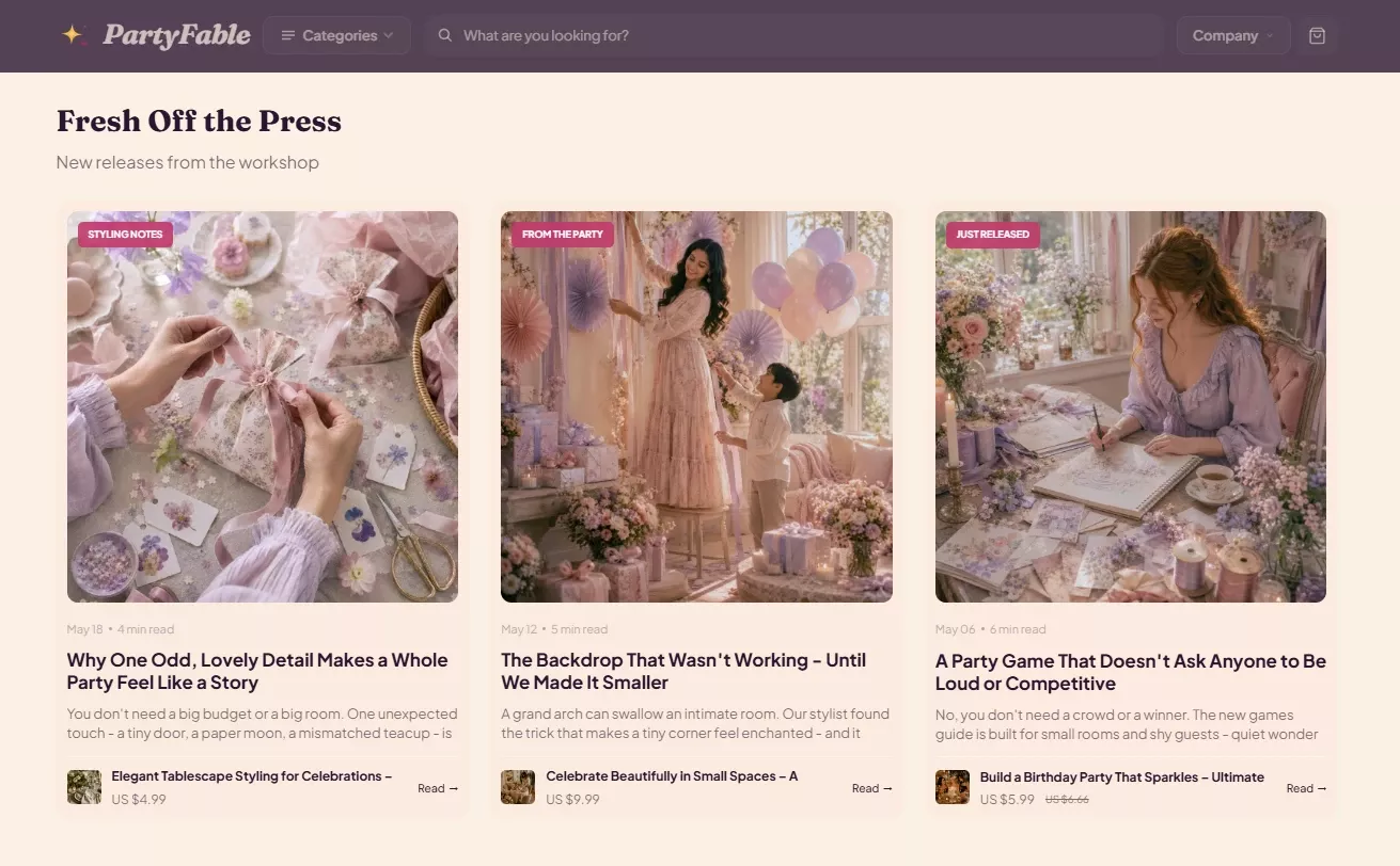 Fresh content section of the PartyFable celebrations store design