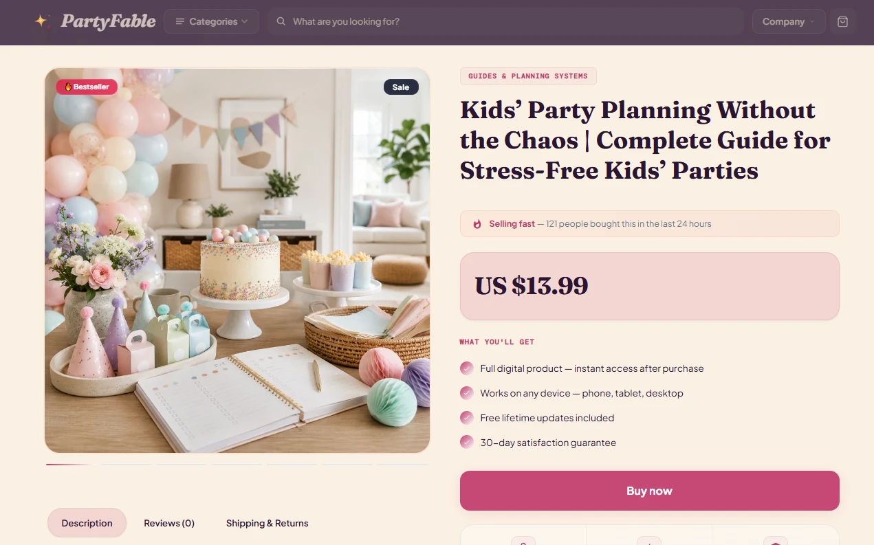 Product page of the PartyFable celebrations store design