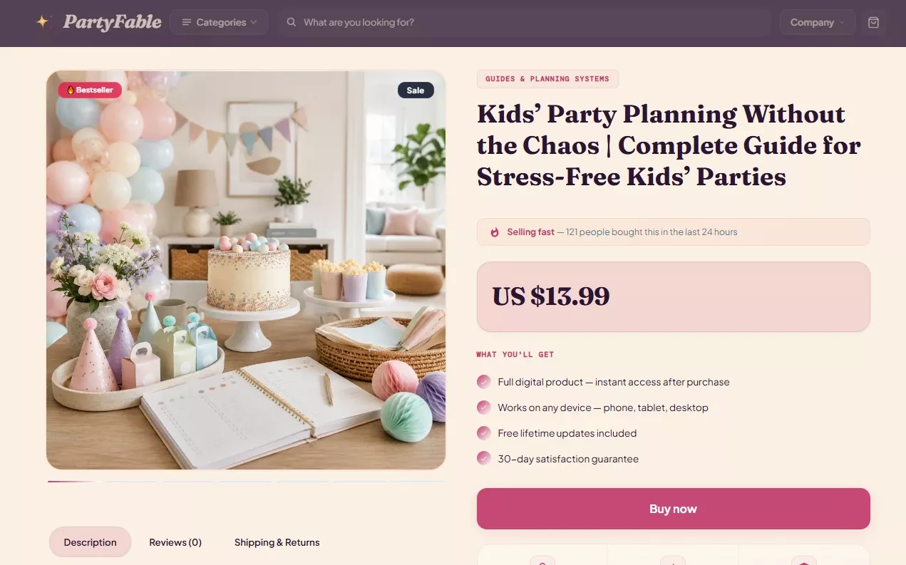 Product page of the PartyFable celebrations store design