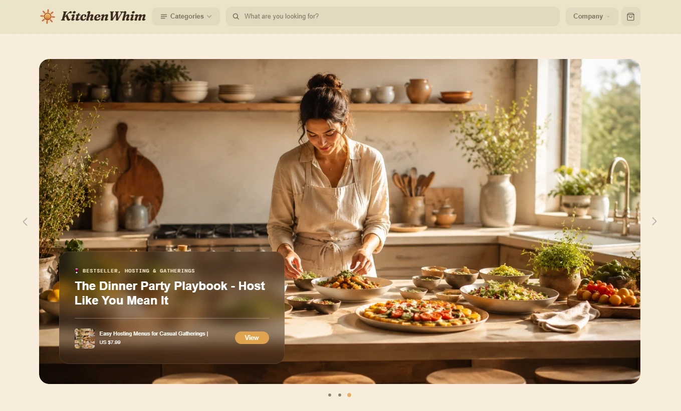 Homepage of the KitchenWhim home-cooking store design