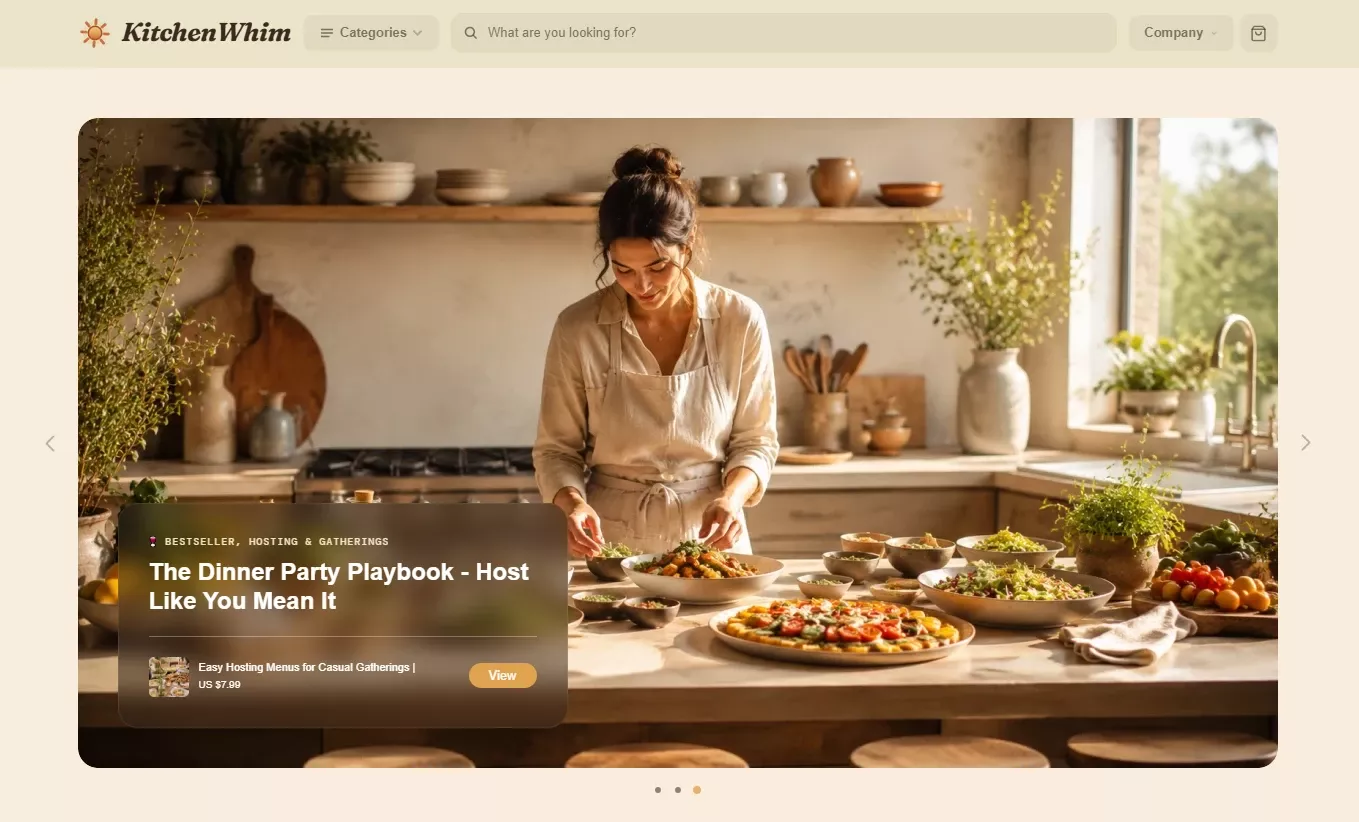 Homepage of the KitchenWhim home-cooking store design