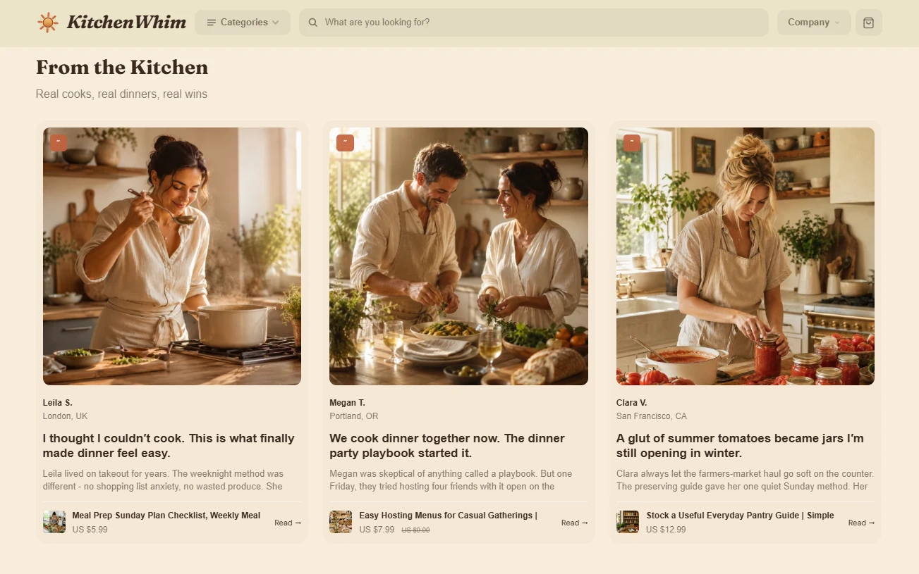 Customer stories section of the KitchenWhim home-cooking store design
