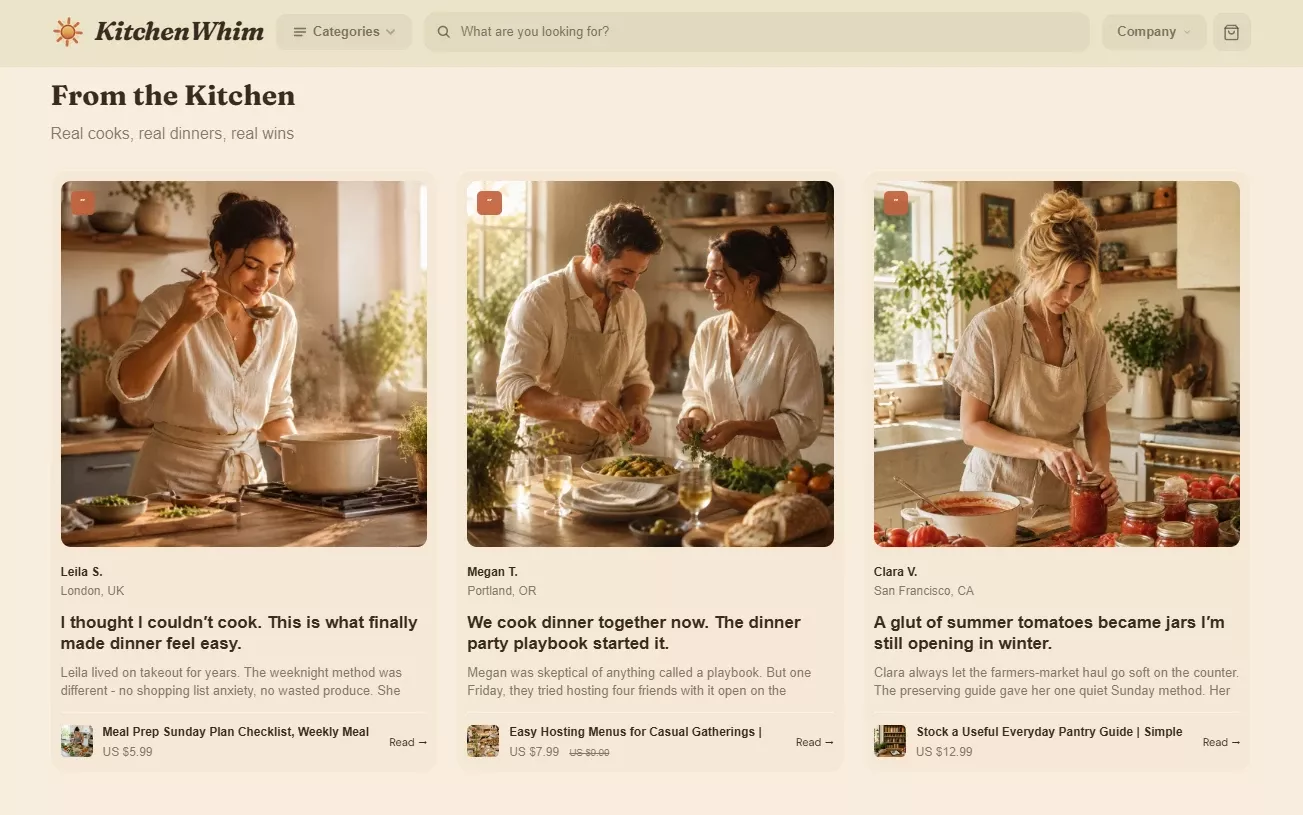 Customer stories section of the KitchenWhim home-cooking store design
