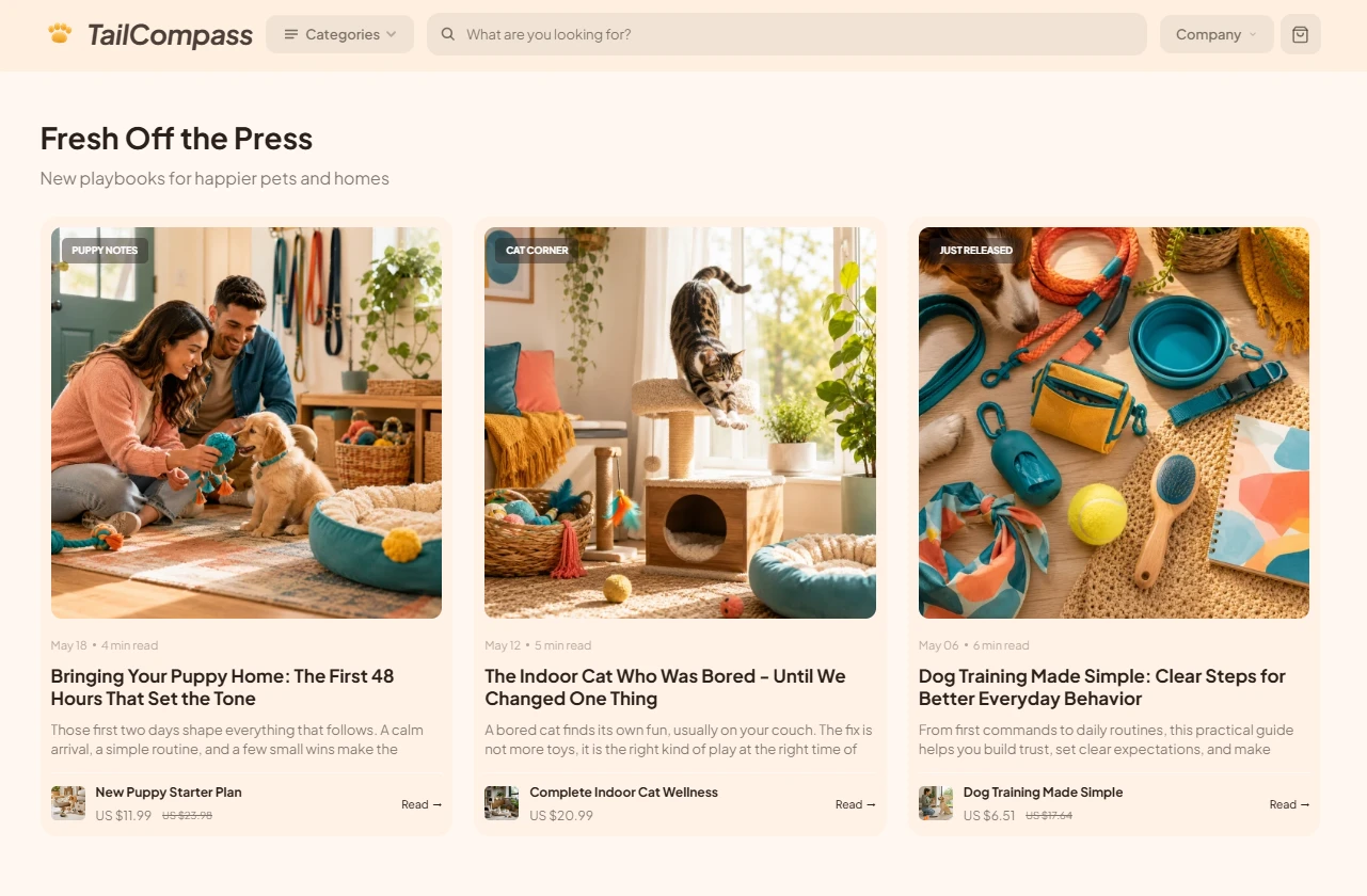 Blog articles section of the TailCompass pet store design