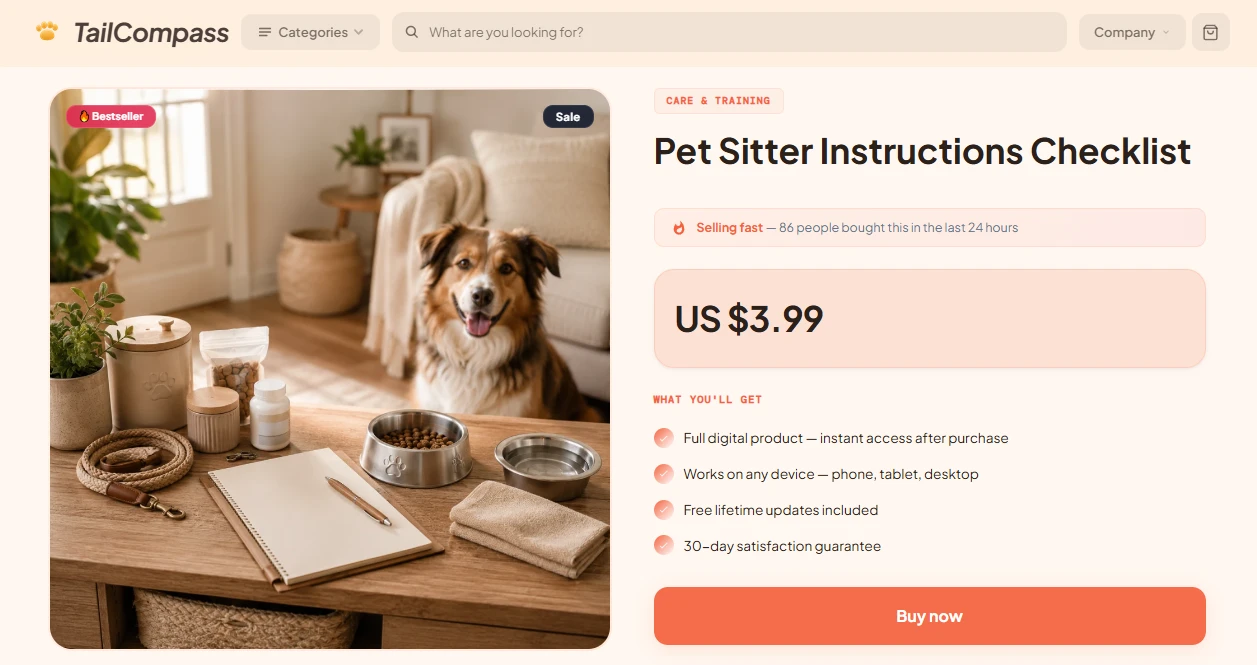 Product page of the TailCompass pet store design