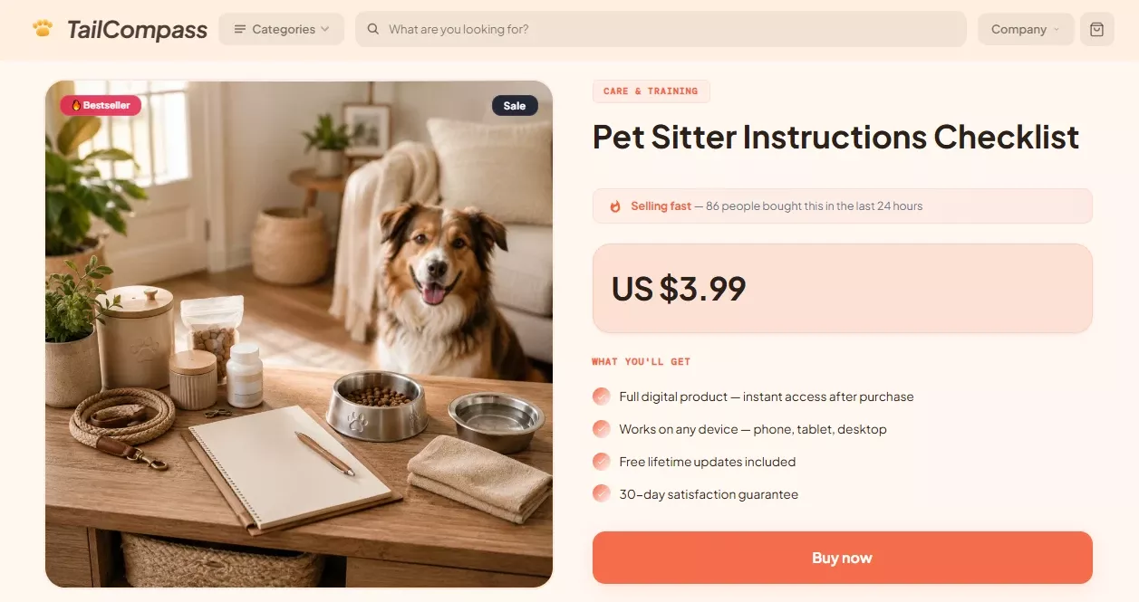Product page of the TailCompass pet store design