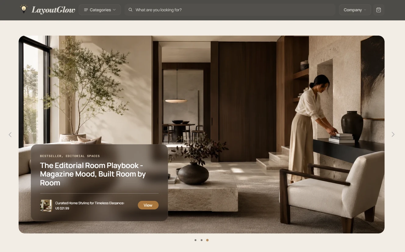 Homepage of the LayoutGlow home-styling store design