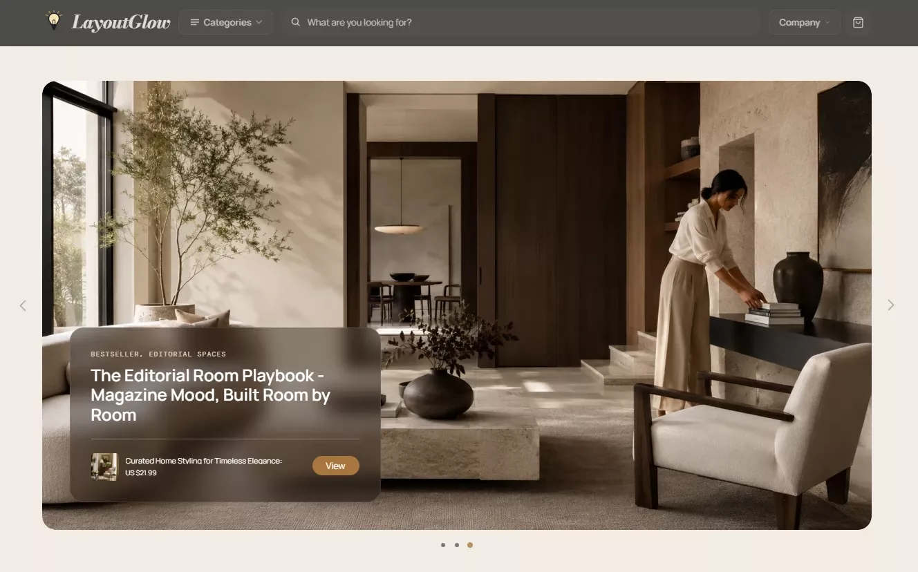 Homepage of the LayoutGlow home-styling store design