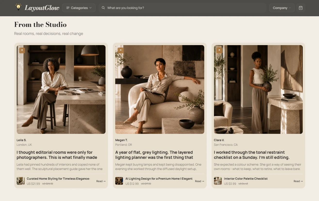 Customer stories section of the LayoutGlow home-styling store design