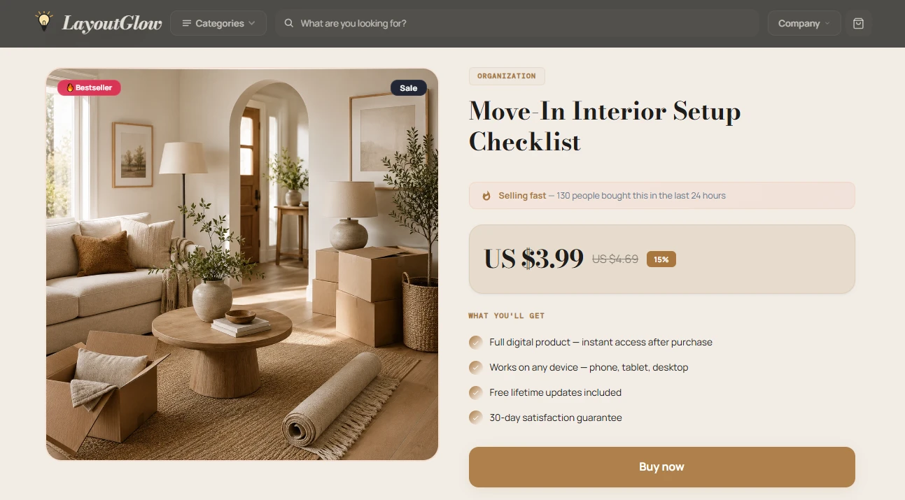 Product page of the LayoutGlow home-styling store design