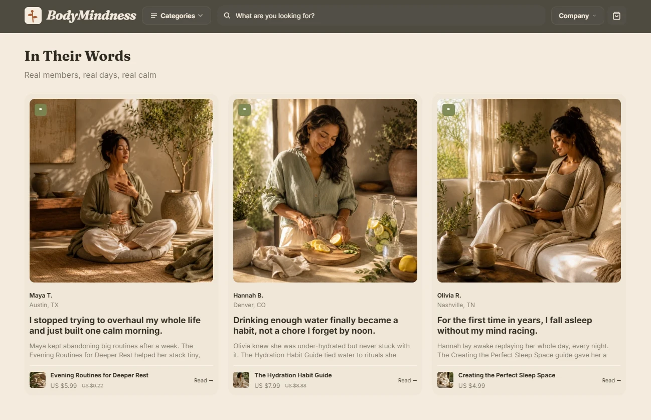 Customer testimonials section of the Health & Wellness storefront design