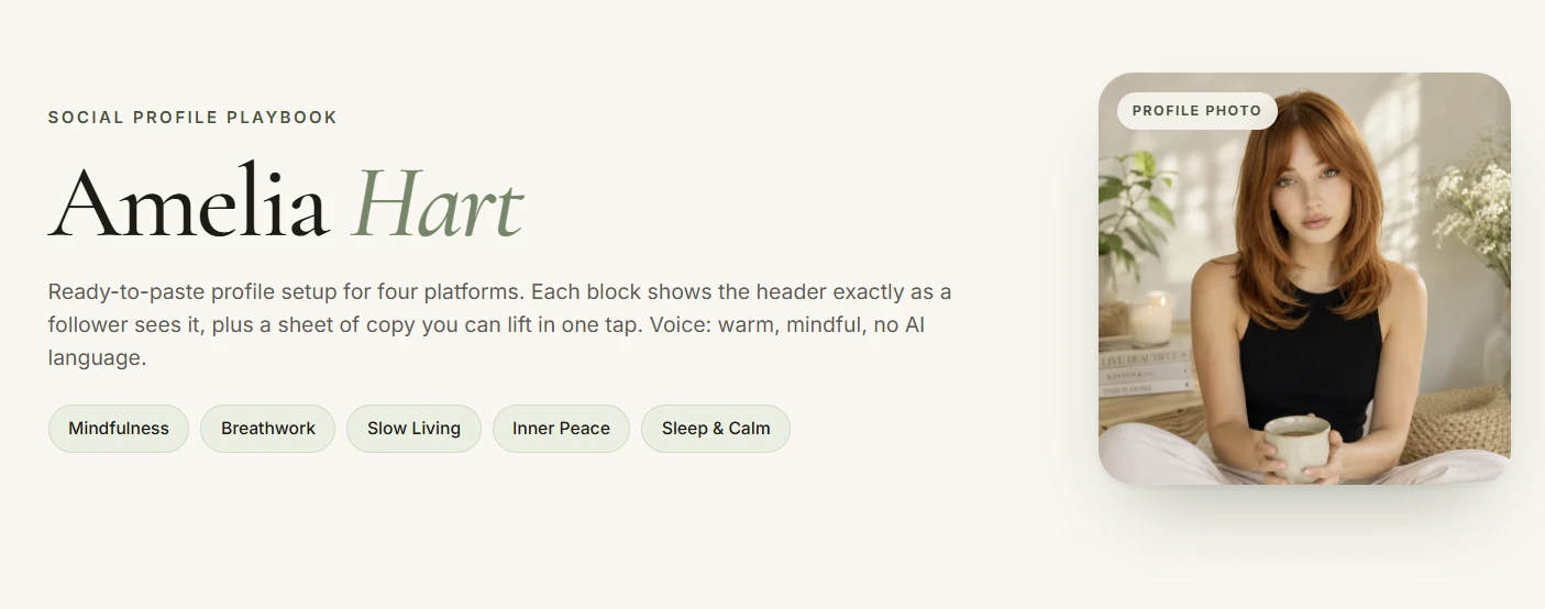 Social Profile Playbook opening screen — creator name, content pillars and profile photo