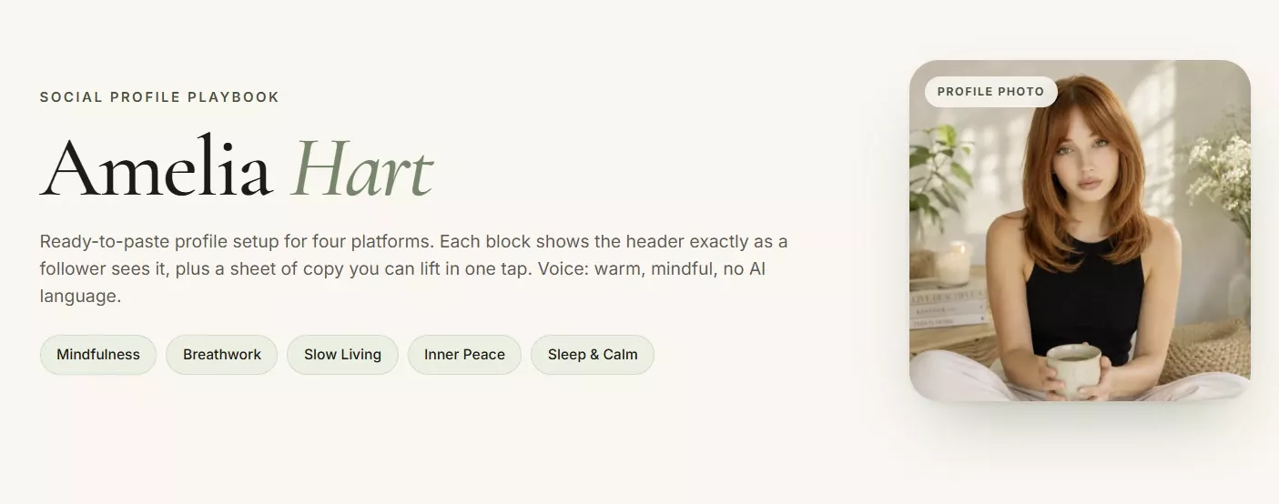Social Profile Playbook opening screen — creator name, content pillars and profile photo