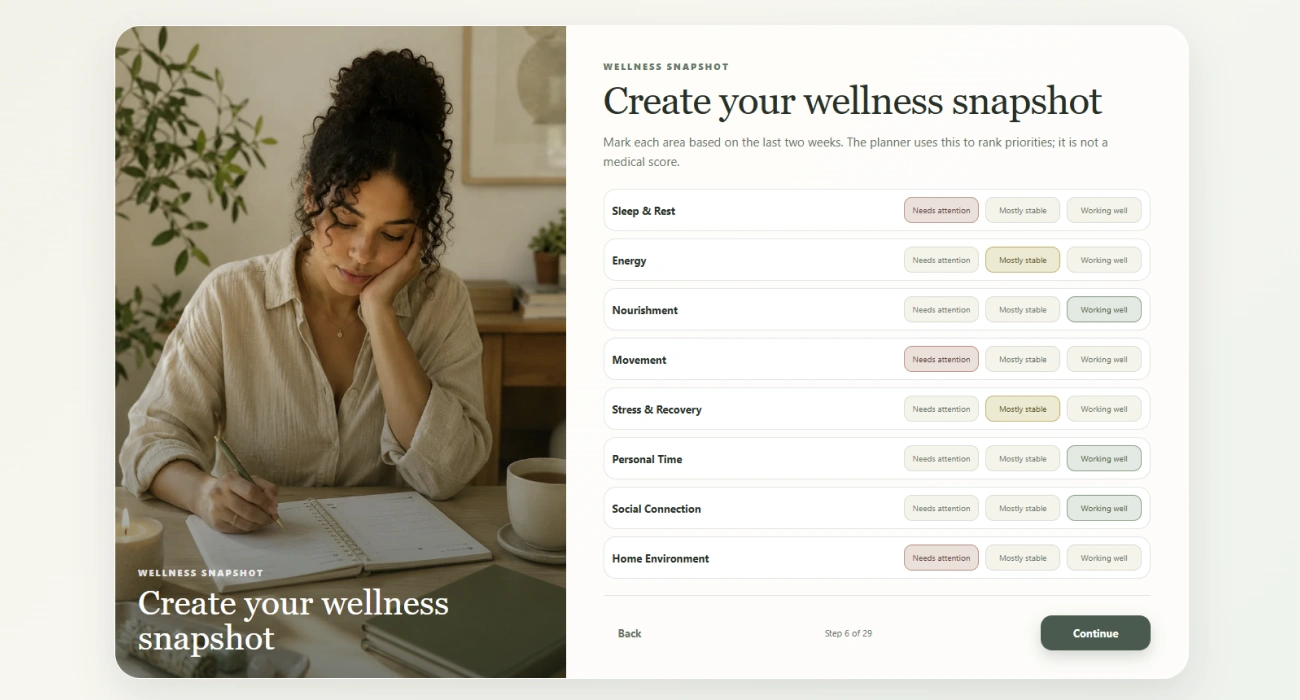The wellness snapshot step, marking how each area of life currently stands