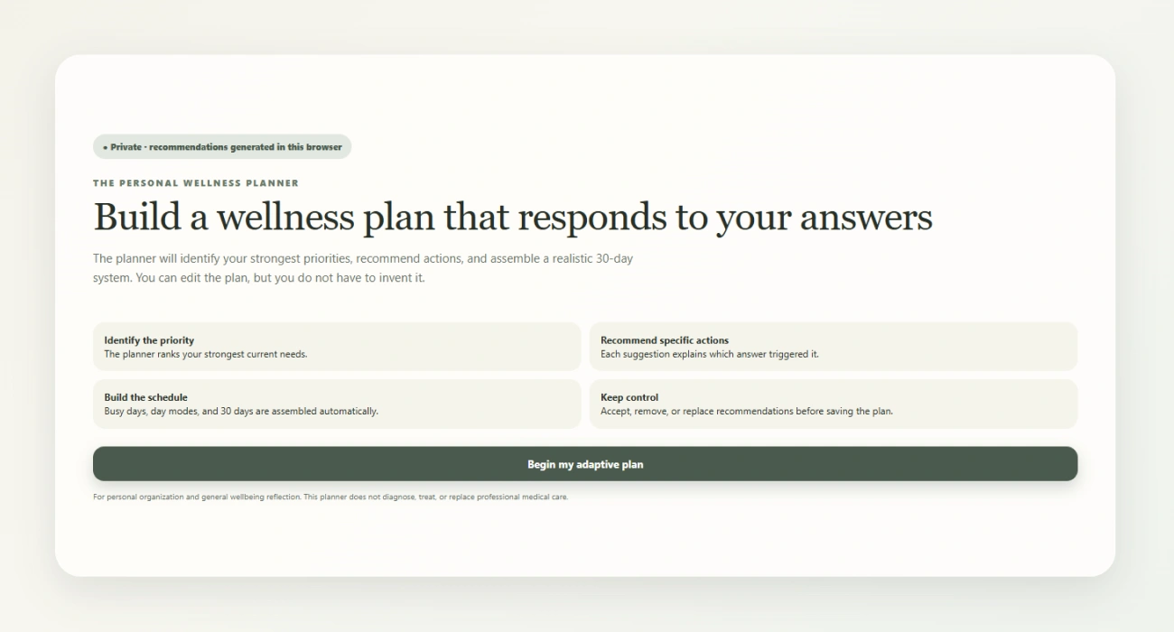Opening screen of the personal wellness planner