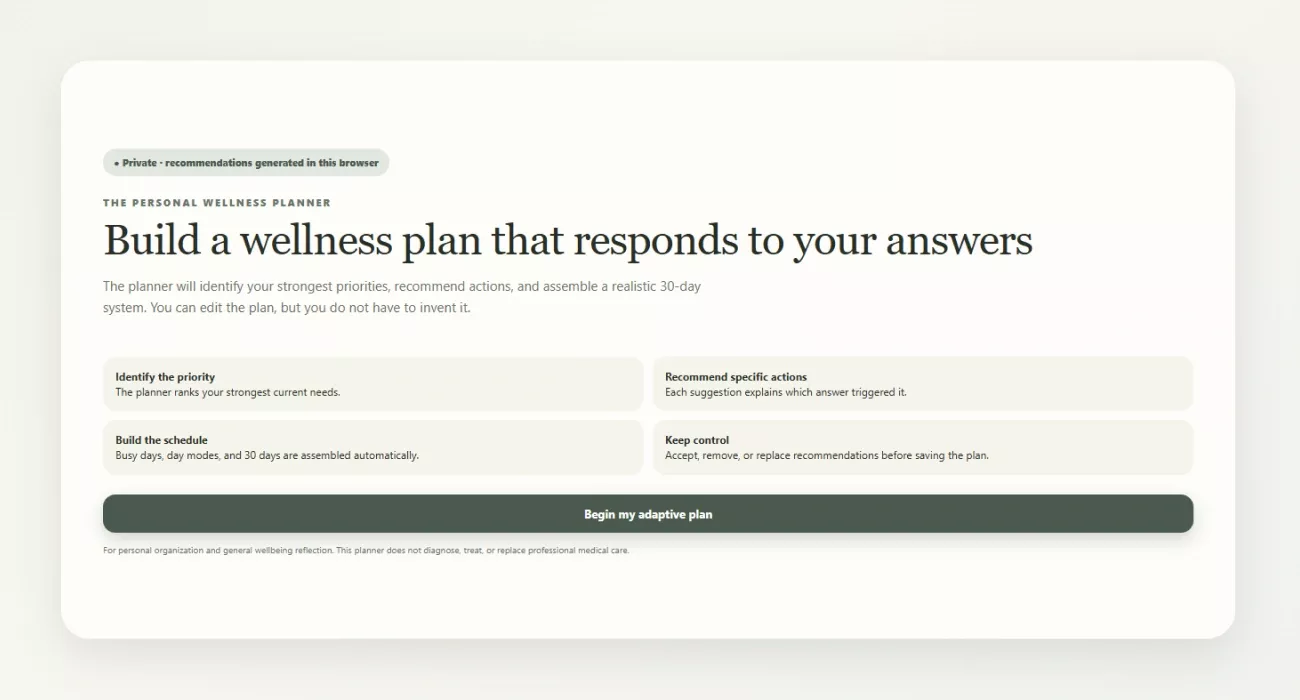 Opening screen of the personal wellness planner