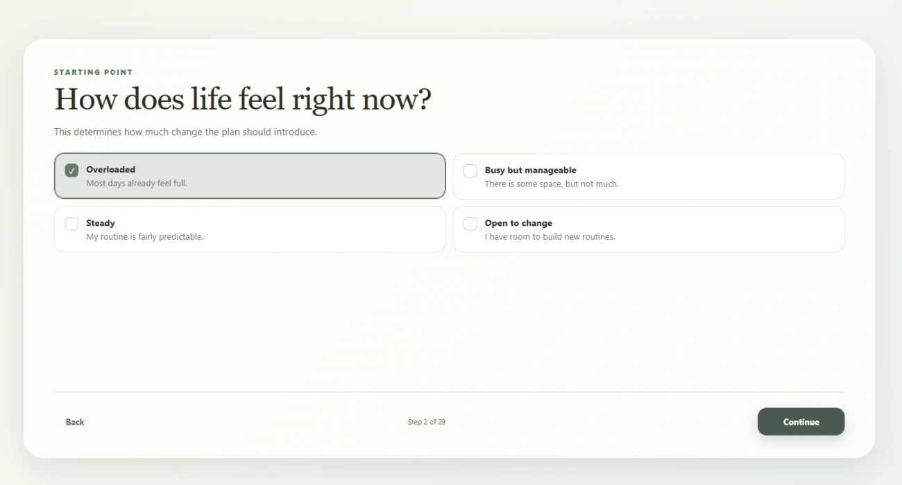 A question step asking how life feels right now, with four options